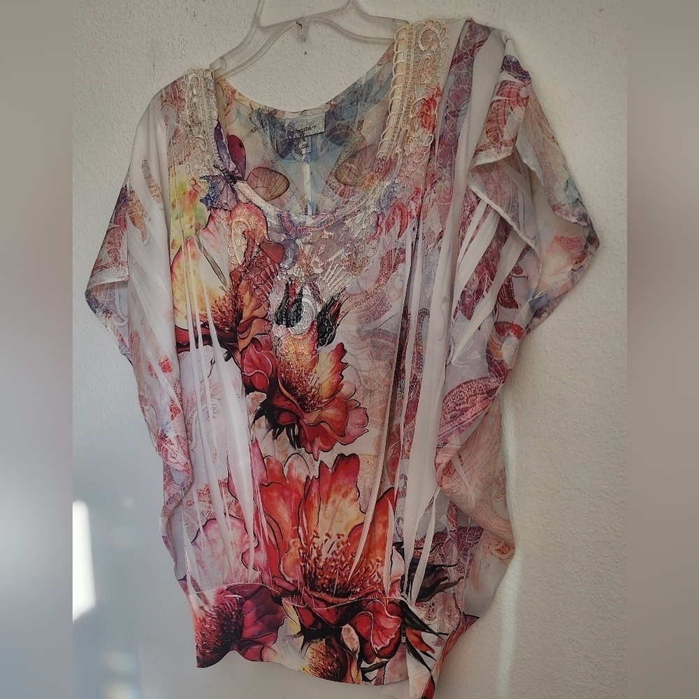 Dressbarn boho Peasant Top Sheer Sublimation Floral Batwing Blouse     Size XL